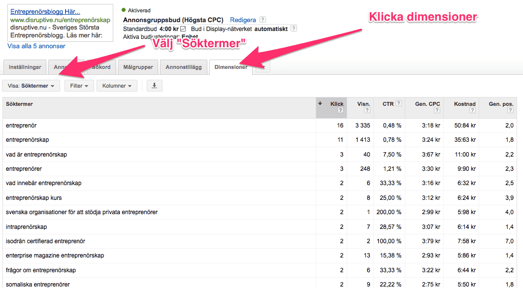 Slik ser du søkeorddata fra AdWords-kontoen din