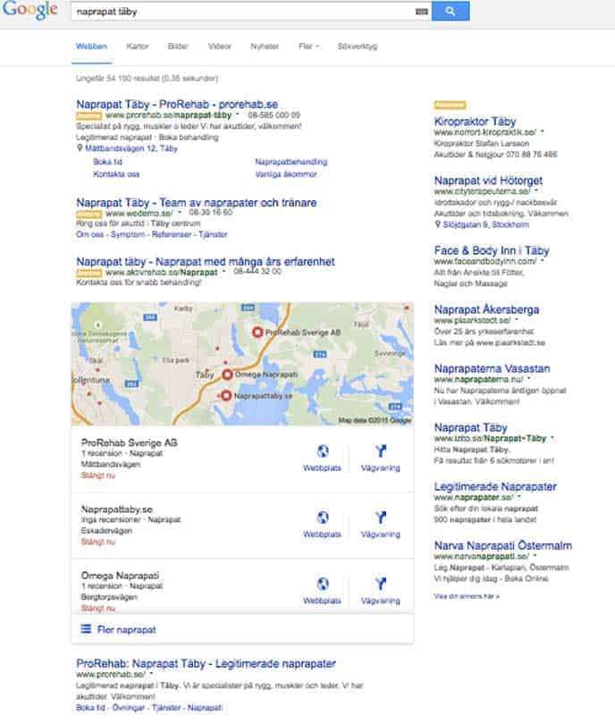 Eksempel på Googles nye layout på lokalt søk